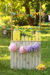 Photo of Decorated lemonade stand in park. Summer refreshing natural drink