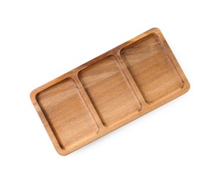 Photo of One wooden serving board isolated on white, top view