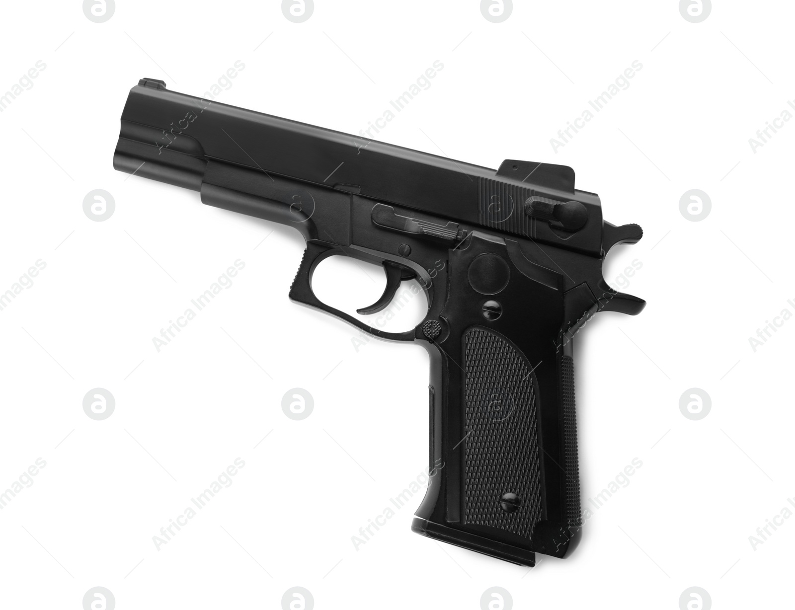 Photo of Black gun isolated on white. Modern weapon