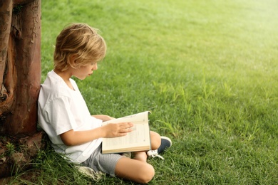 Photo of Cute little boy reading book on green grass near tree in park