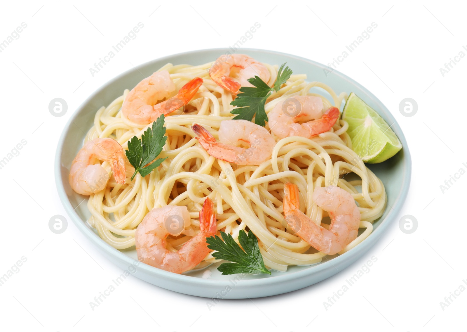 Photo of Tasty spaghetti with shrimps, lime and parsley isolated on white