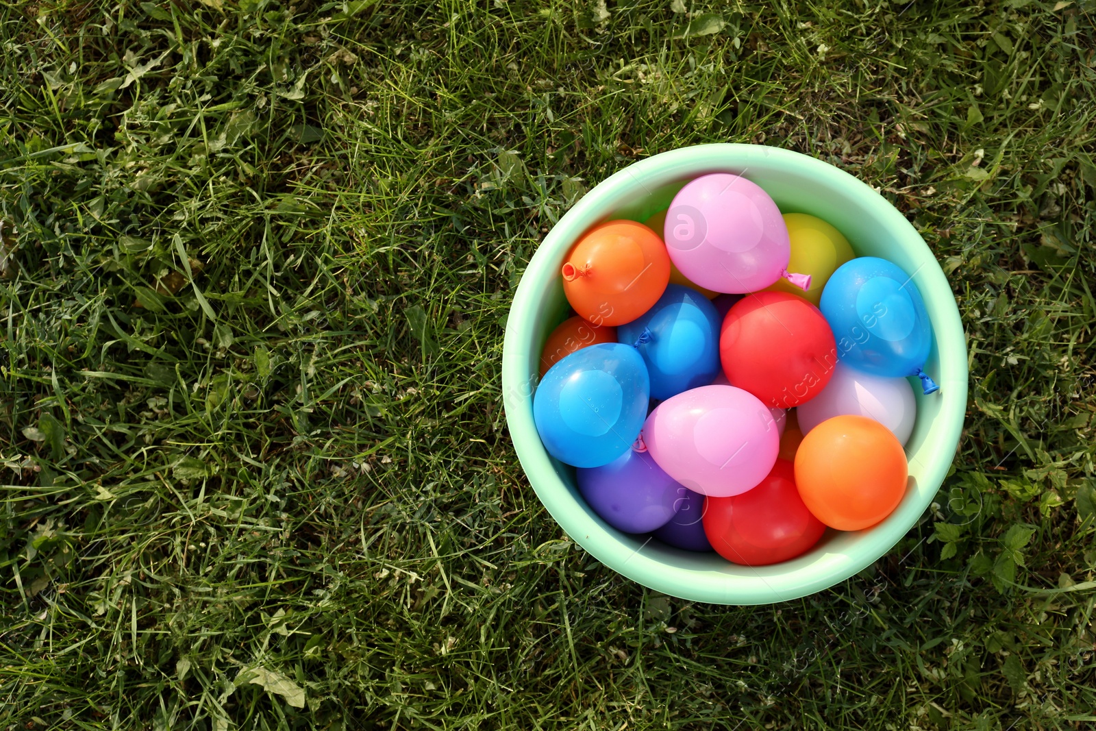 Photo of Basin full of water bombs on green grass, top view. Space for text