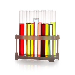 Photo of Rack with test tubes of color liquids isolated on white. Solution chemistry
