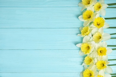 Photo of Flat lay composition with daffodils and space for text on wooden background. Fresh spring flowers