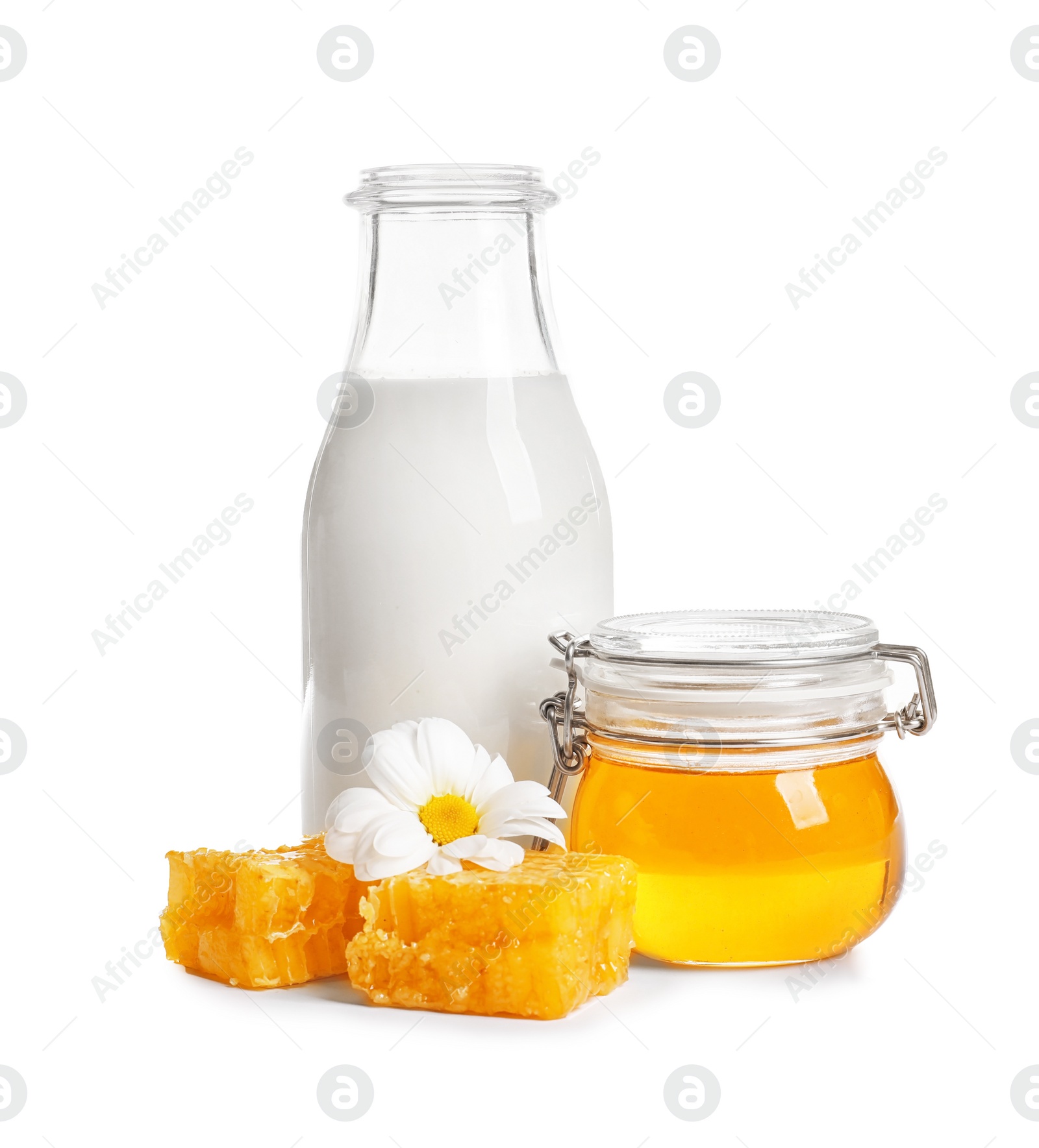 Photo of Beautiful composition with milk and honey on white background