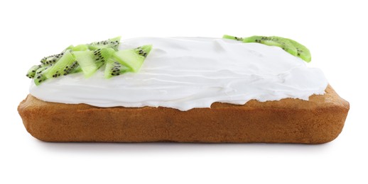 Delicious homemade yogurt cake with kiwi and cream on white background