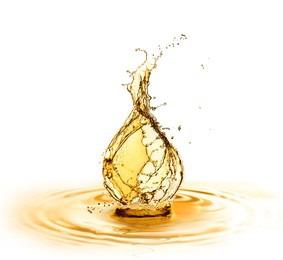 Drop of cooking oil falling into oil on white background