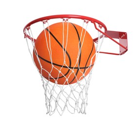 Basketball ball in hoop with net isolated on white