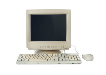 Photo of Old computer monitor, keyboard and mouse on white background
