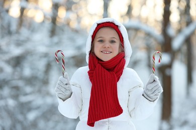 Photo of Cute little girl with candy canes in winter park