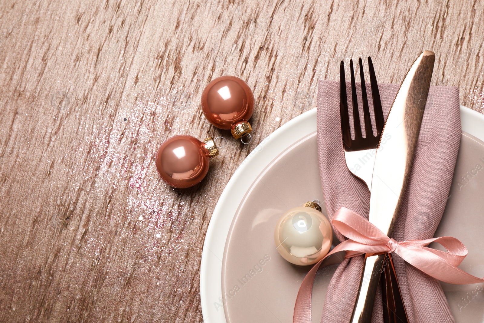 Photo of Beautiful Christmas table setting on brown background, flat lay