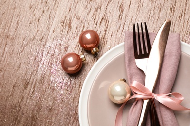 Photo of Beautiful Christmas table setting on brown background, flat lay