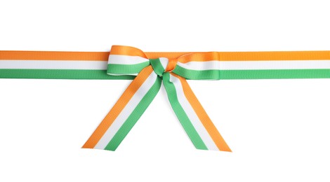 Photo of Indian flag ribbon with bow on white background, top view