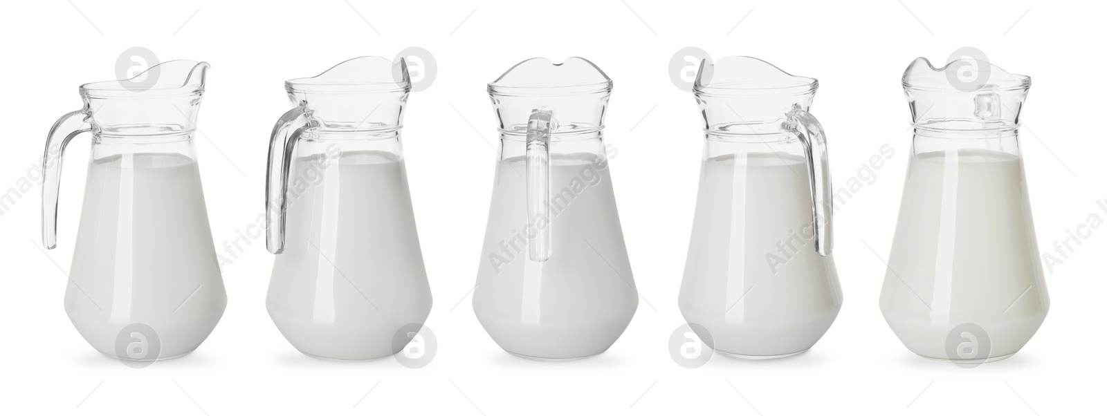 Image of Fresh milk in jug isolated on white, set