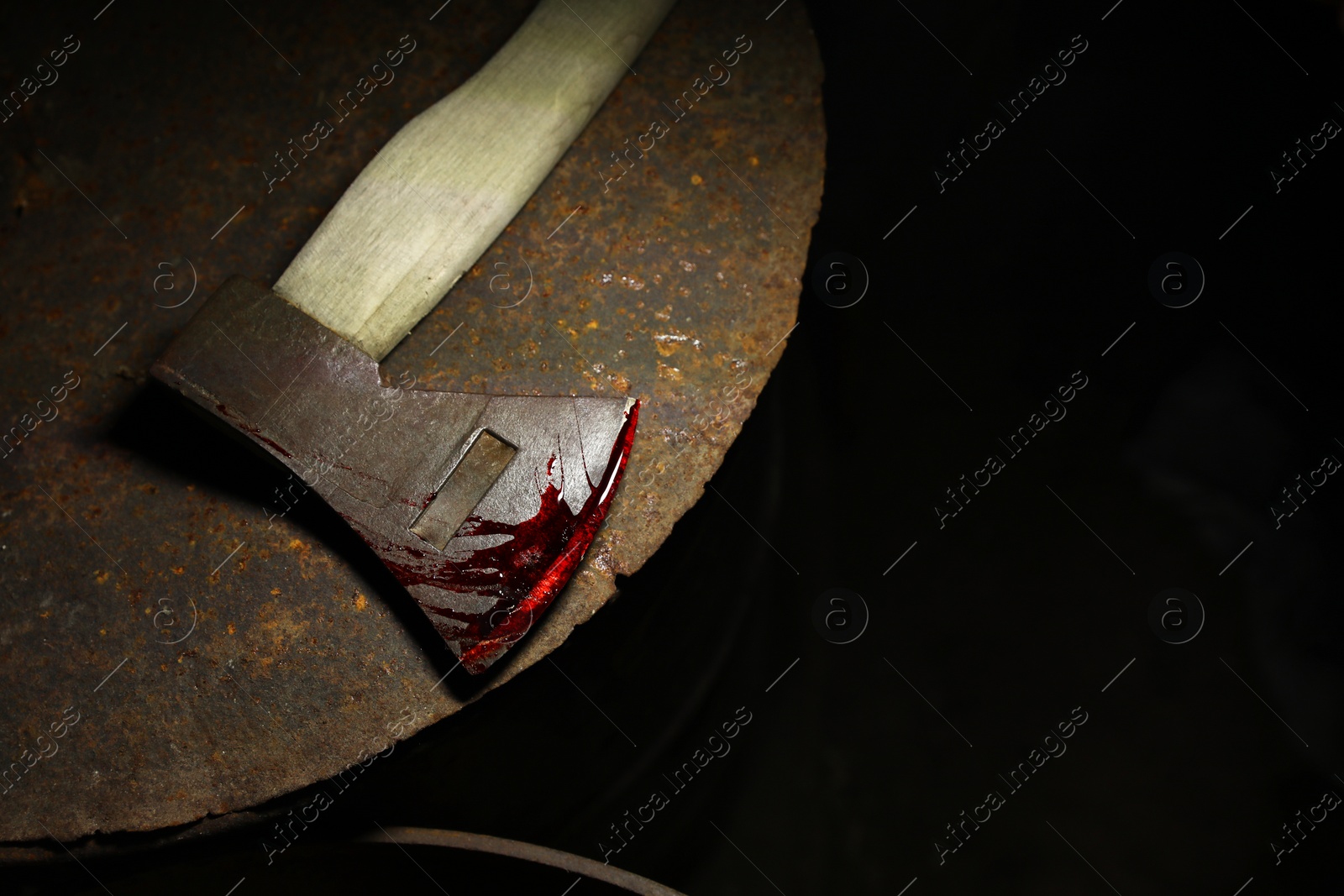 Photo of Axe with blood on rusty metal surface, space for text