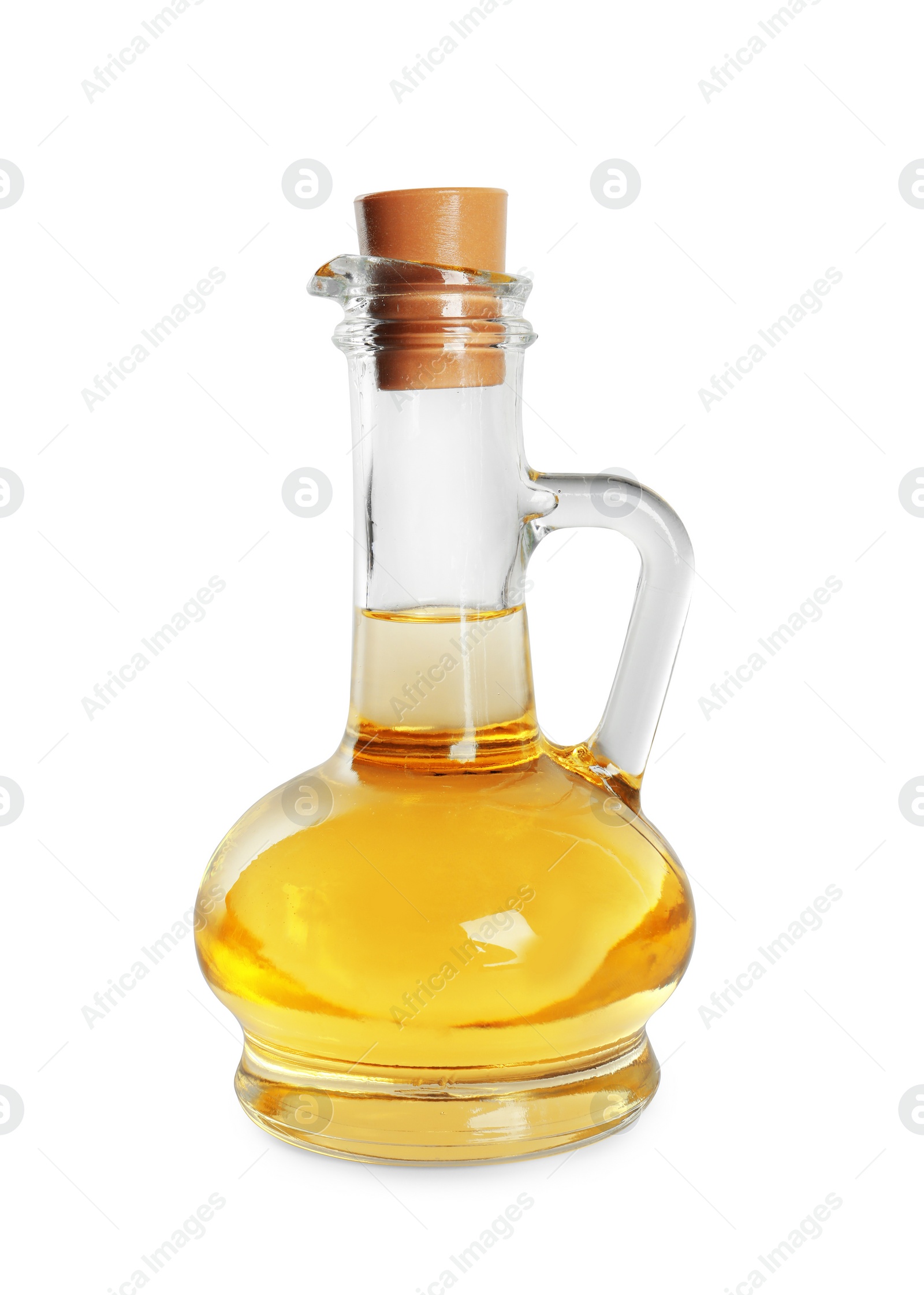 Photo of Glass jug of cooking oil isolated on white