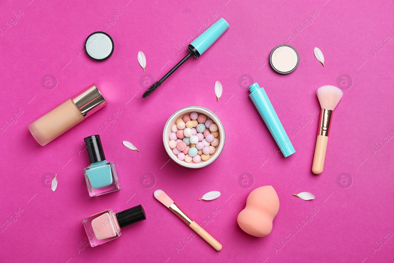 Photo of Flat lay composition with cosmetic products on color background