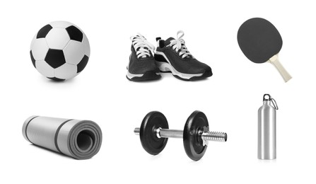 Image of Set with different sports tools on white background