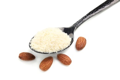 Photo of Spoon of almond flour and nuts on white background