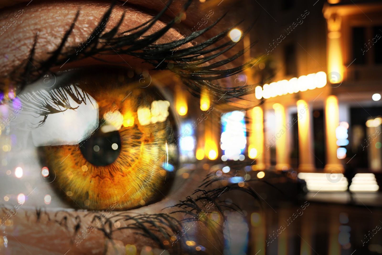 Image of Double exposure of night cityscape and woman with beautiful eye, closeup