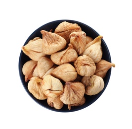 Photo of Bowl with figs on white background, top view. Dried fruit as healthy food