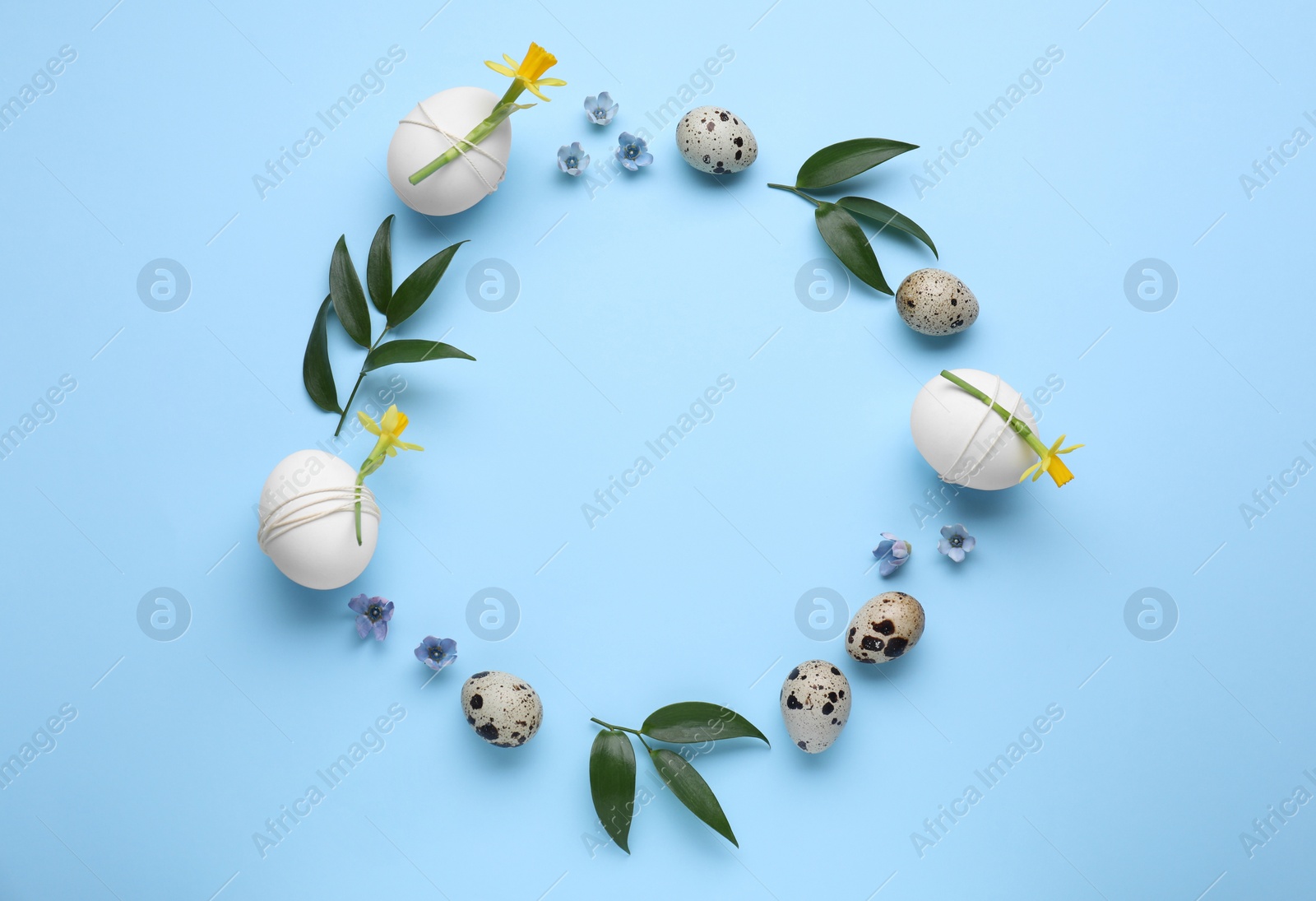 Photo of Frame of festively decorated Easter eggs, green leaves and flowers on light blue background, top view. Space for text