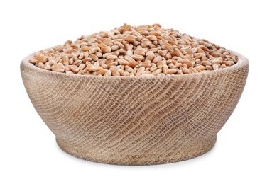 Photo of Wooden bowl with wheat grains isolated on white