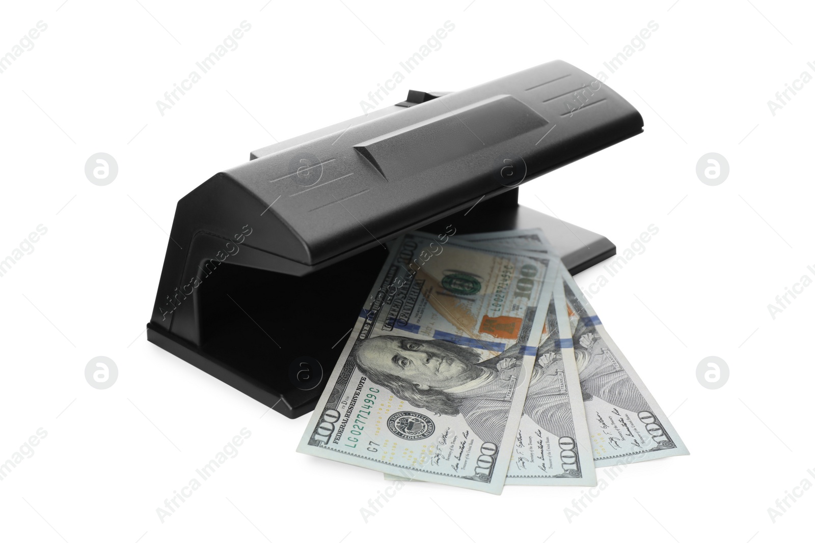 Photo of Modern currency detector with dollar banknotes isolated on white. Money examination device