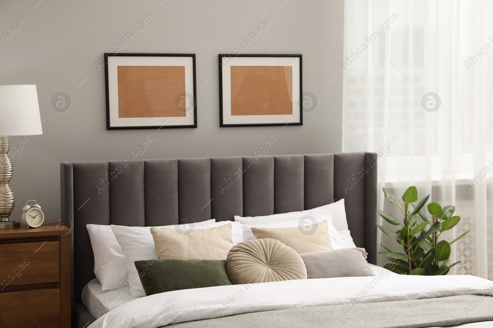 Photo of Comfortable bed with cushions, houseplant and frames in room. Stylish interior