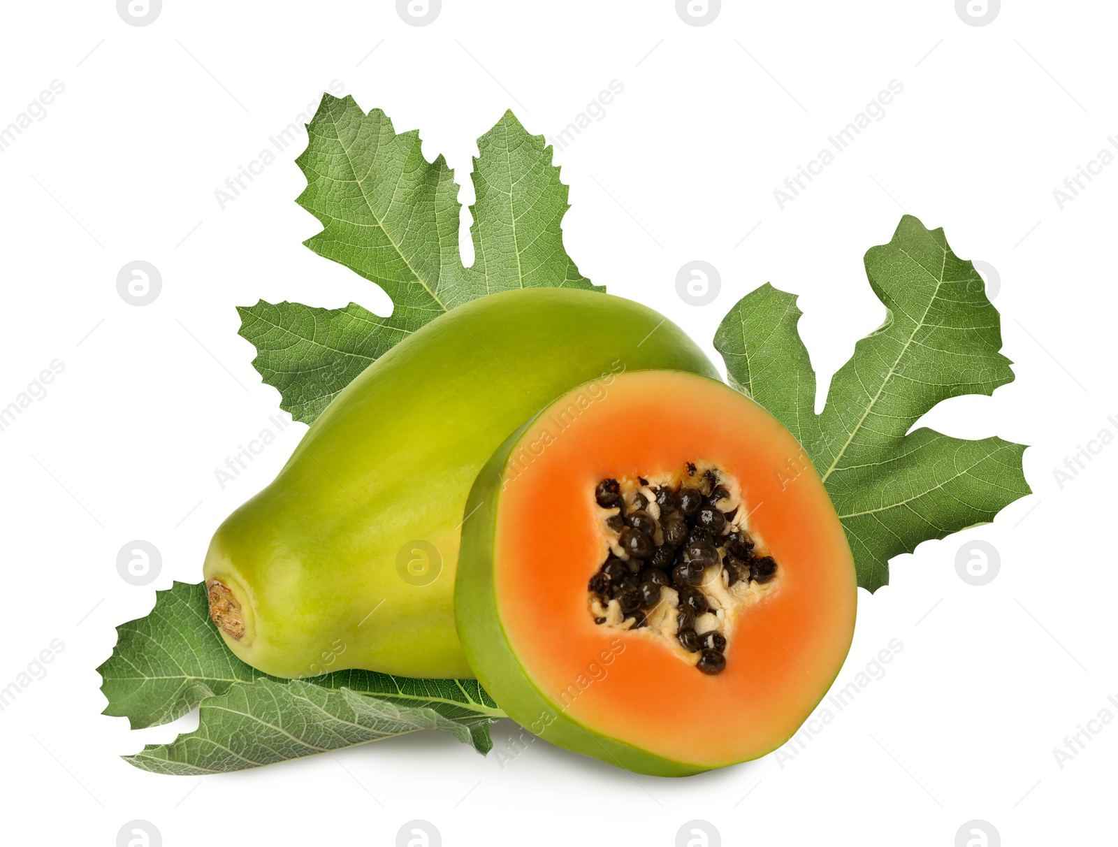 Image of Fresh ripe papaya fruits and green leaves on white background