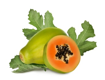 Image of Fresh ripe papaya fruits and green leaves on white background