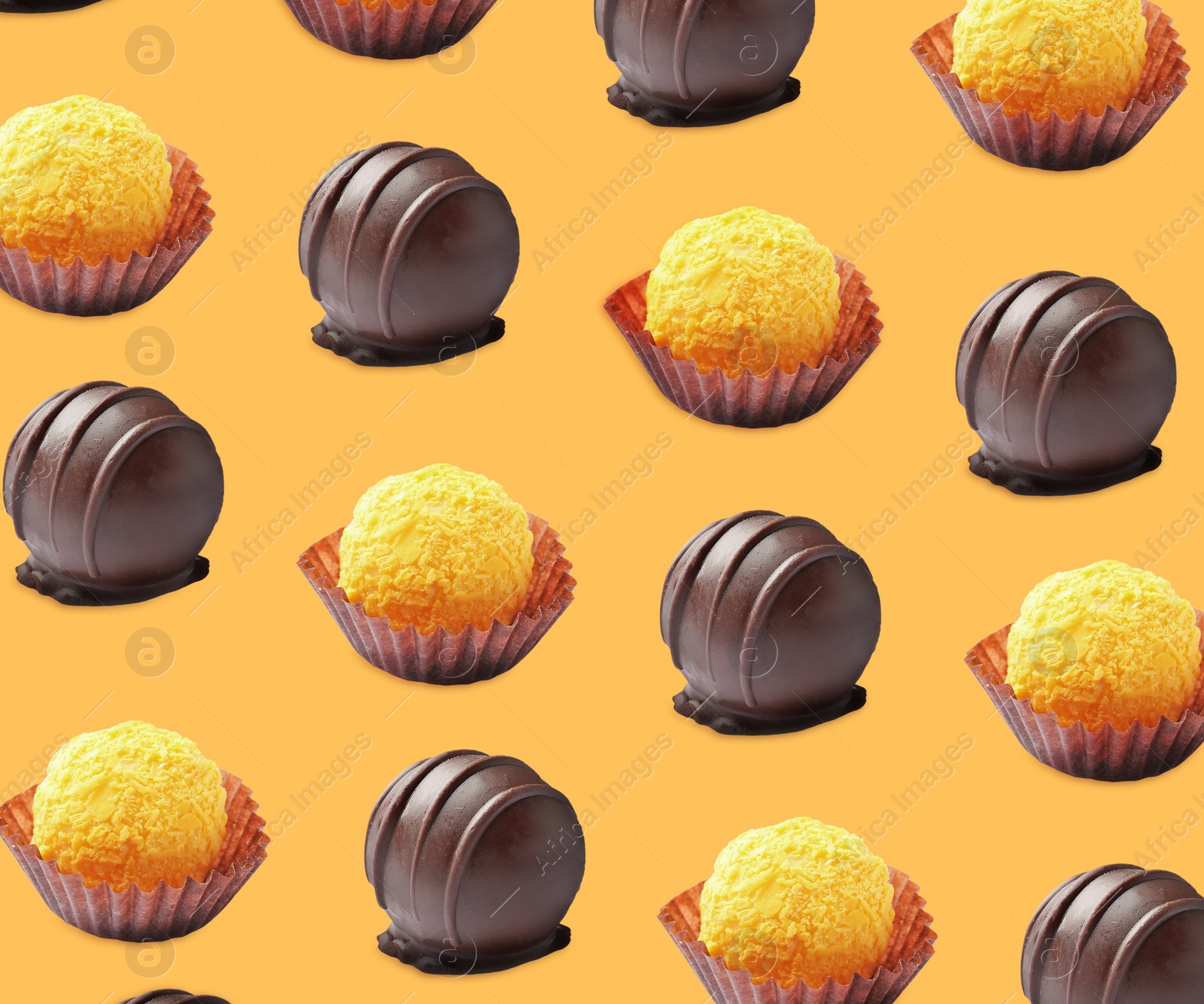 Image of Tasty candies on orange background. Pattern design