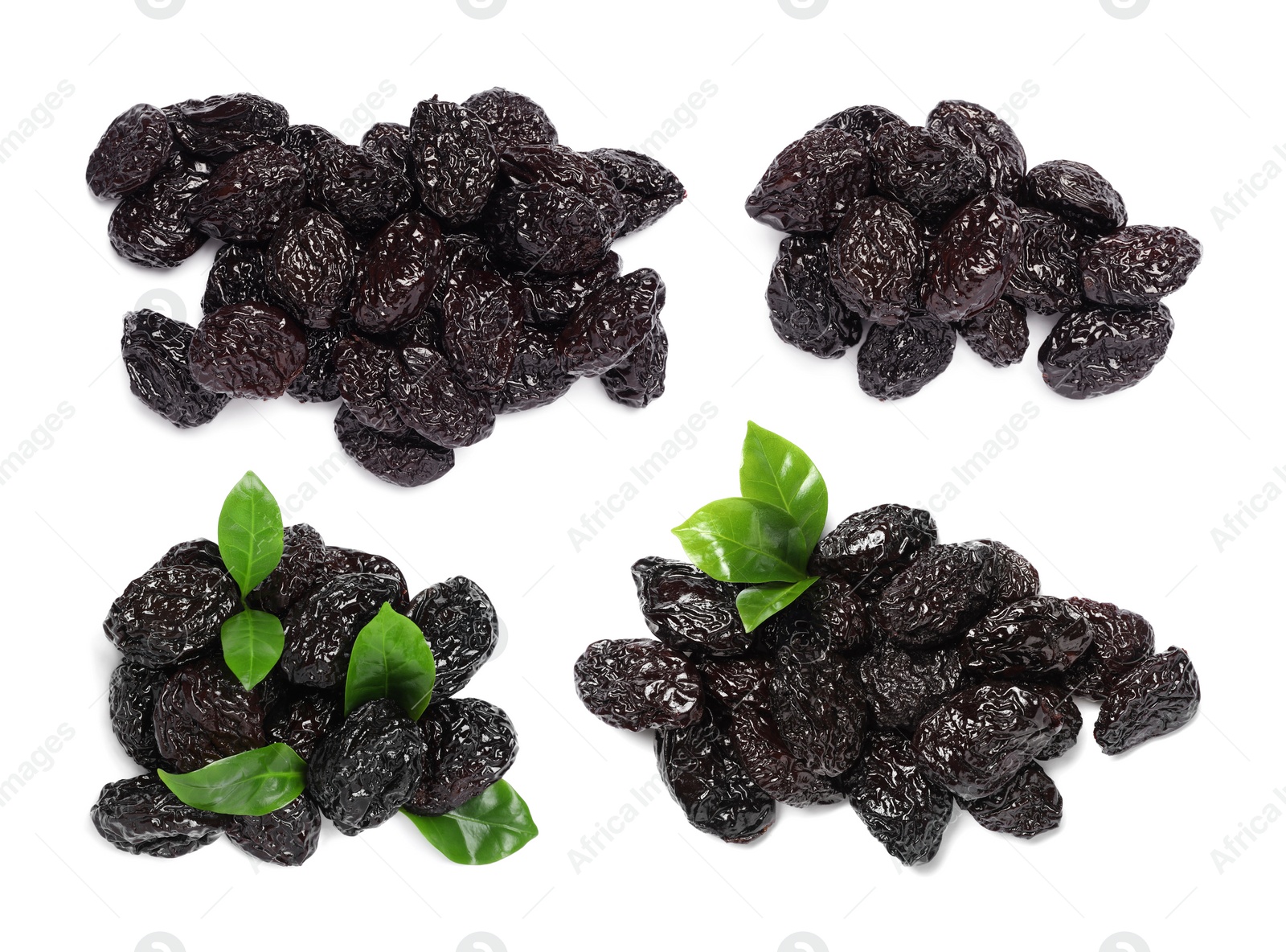 Image of Set with sweet dried prunes on white background 