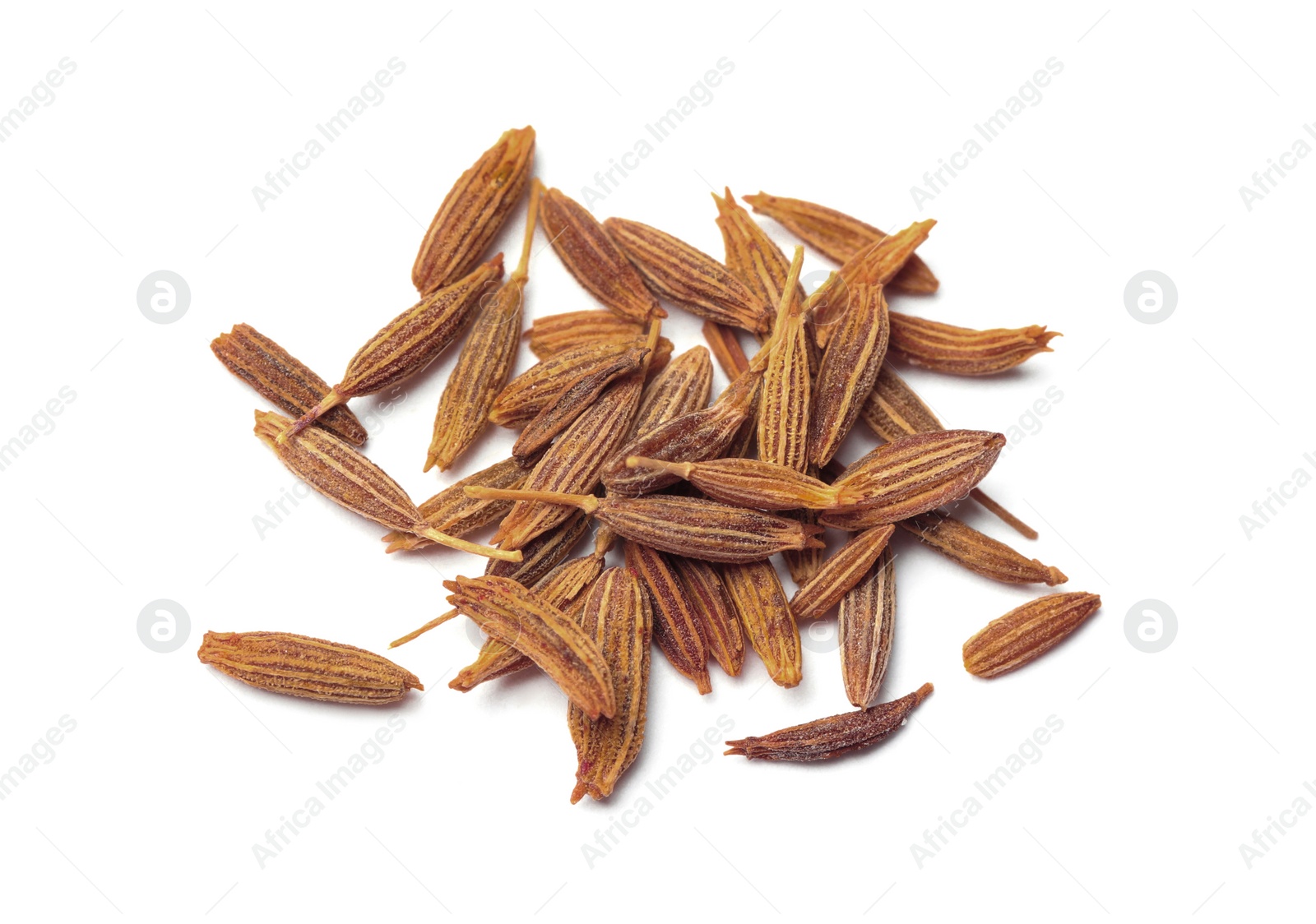 Photo of Heap of aromatic caraway (Persian cumin) seeds isolated on white, top view