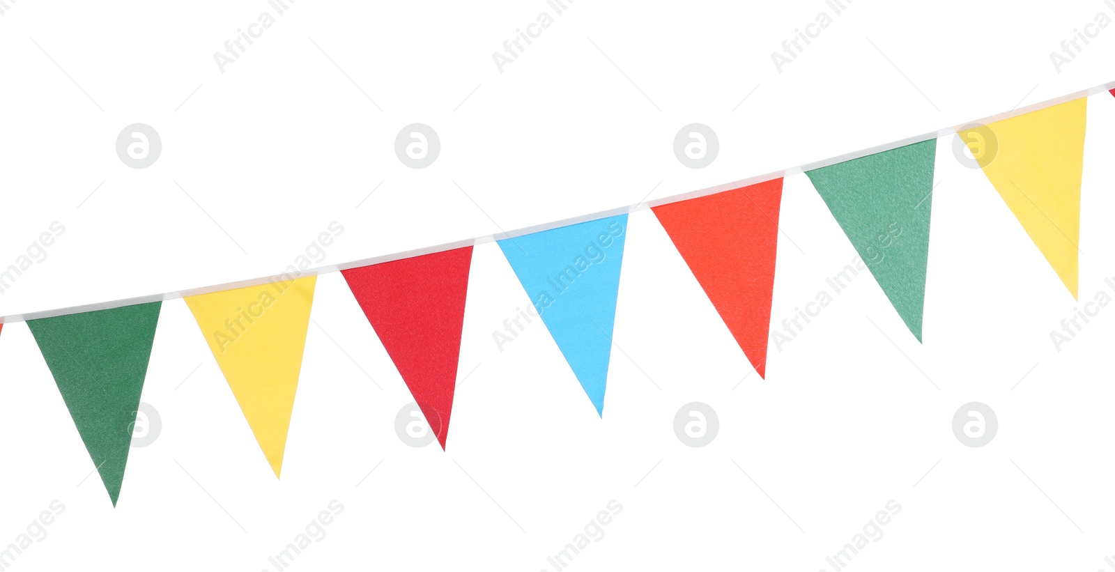 Photo of Bunting with colorful triangular flags on white background. Festive decor