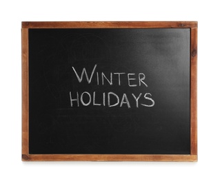 Photo of Blackboard with text Winter Holidays isolated on white