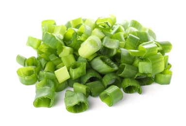 Photo of Cut fresh green onion on white background