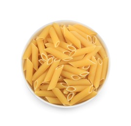 Raw penne pasta in bowl isolated on white, top view