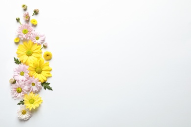 Photo of Beautiful chamomile flowers on white background, flat lay with space for text