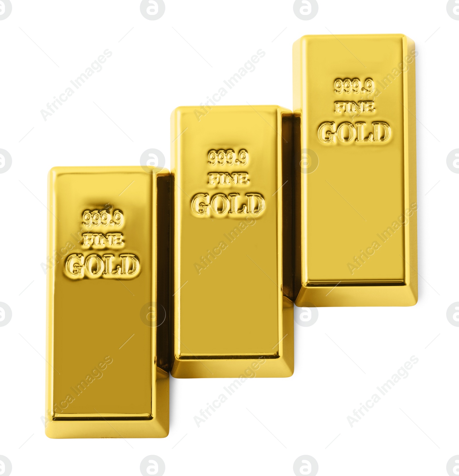 Photo of Shiny gold bars isolated on white, top view