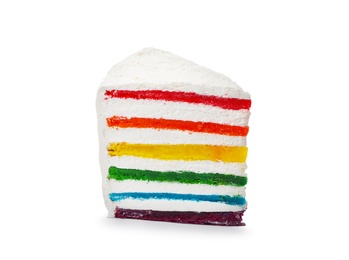 Photo of Slice of delicious rainbow cake on white background