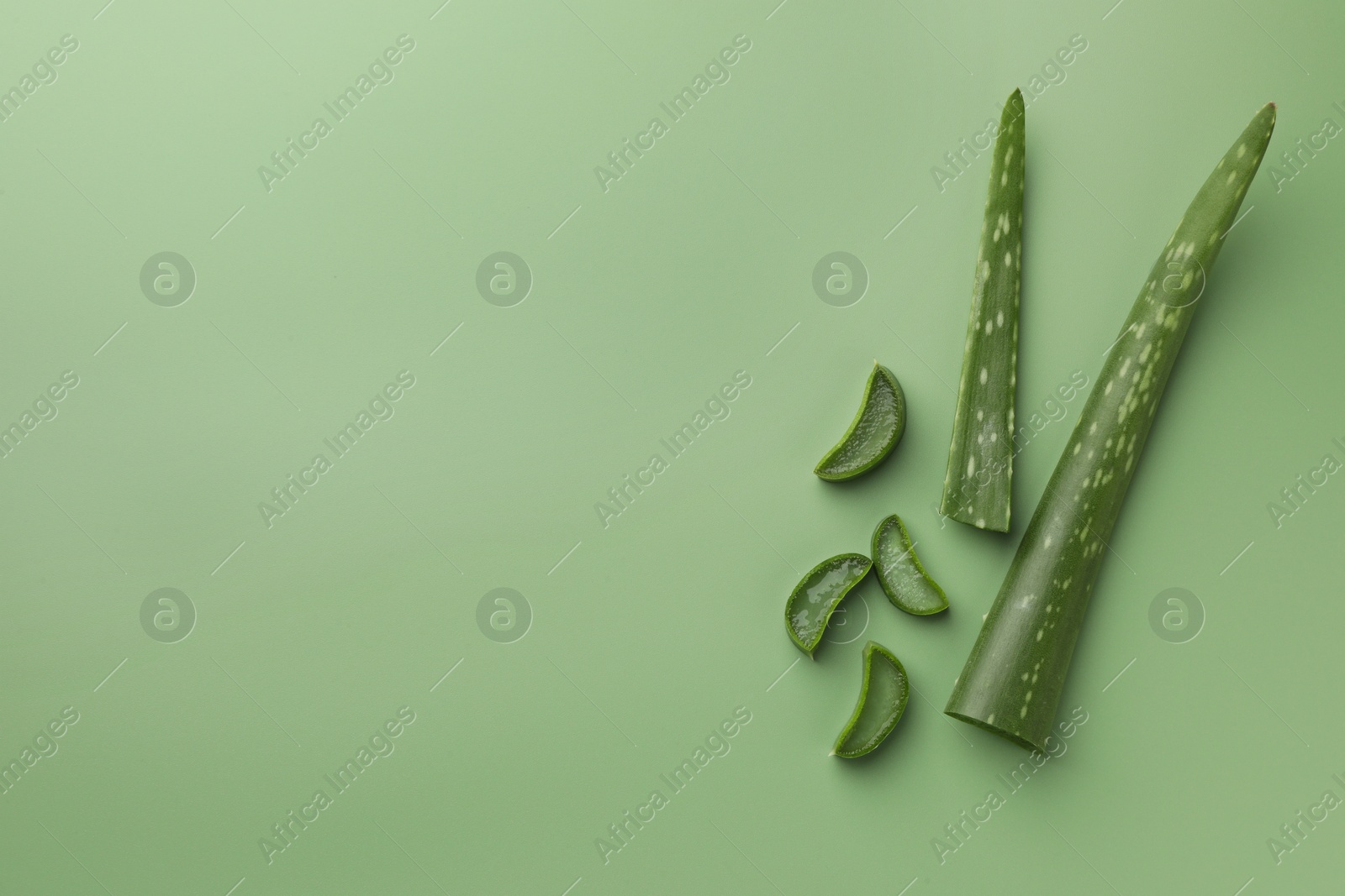 Photo of Cut aloe vera leaves on green background, flat lay. Space for text