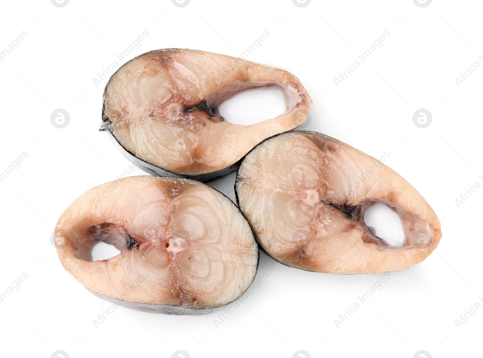 Photo of Pieces of mackerel fish on white background, top view