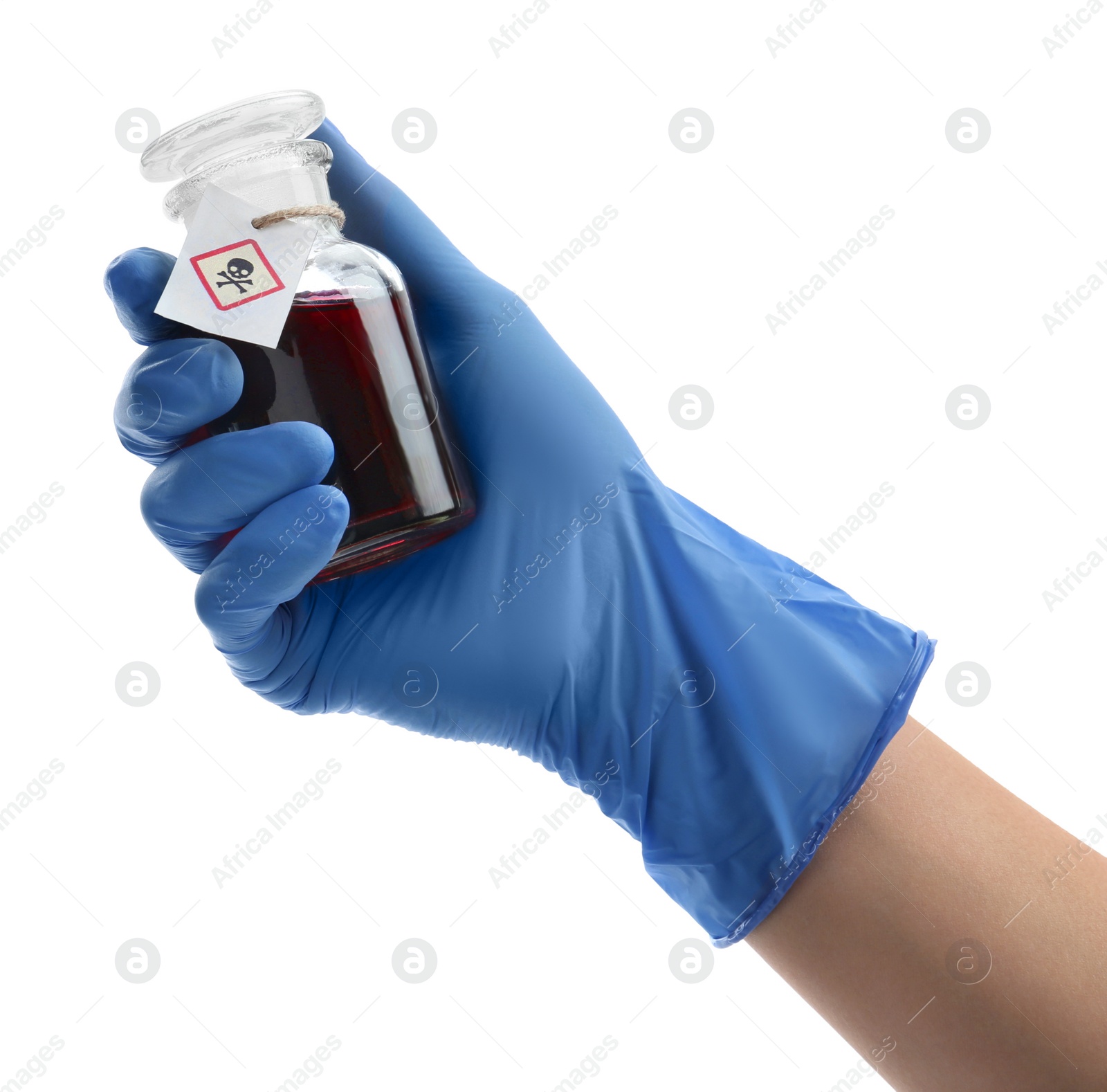 Photo of Medical worker holding bottle with poison on white background, closeup