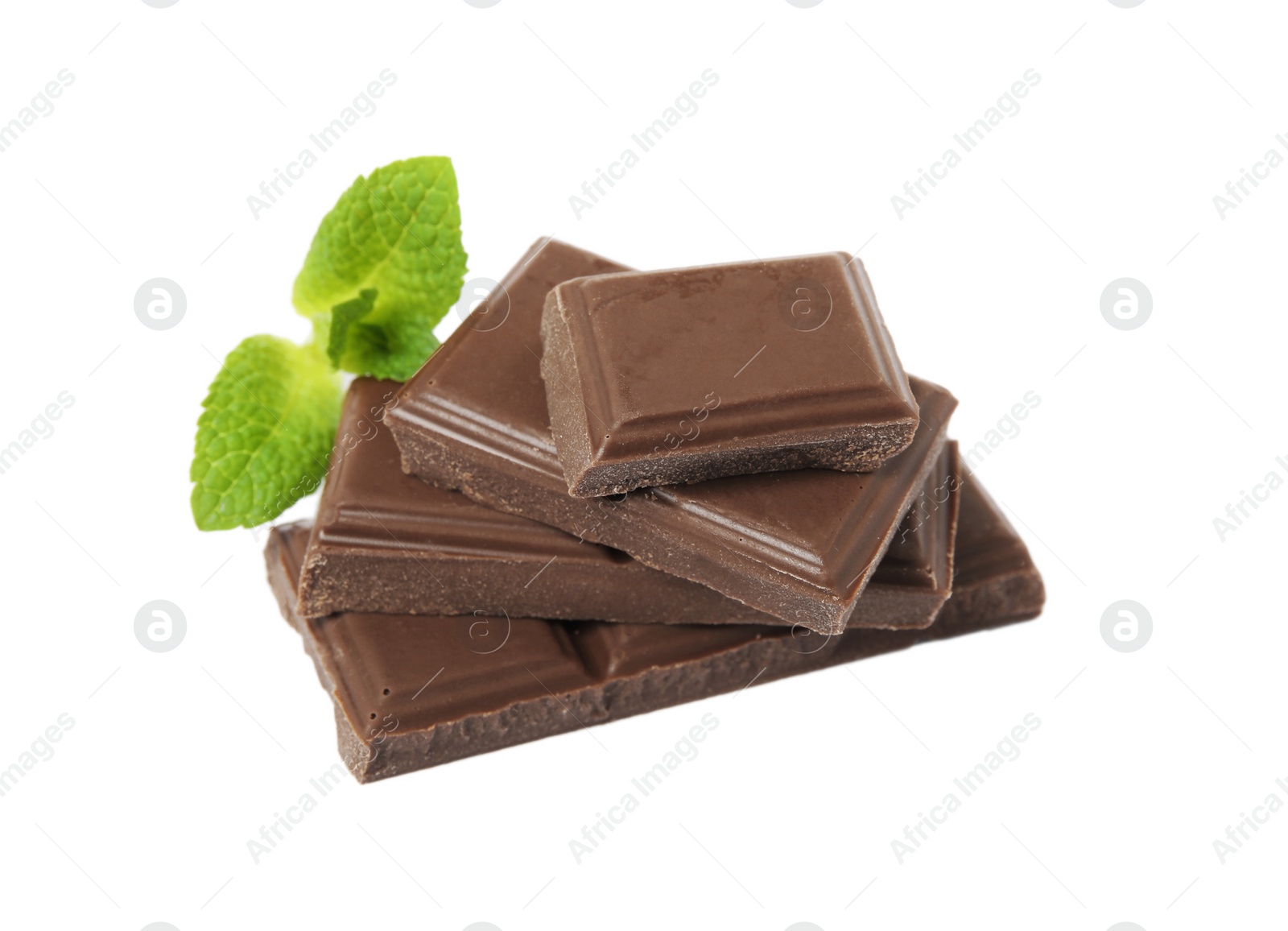 Photo of Tasty chocolate pieces and mint on white background