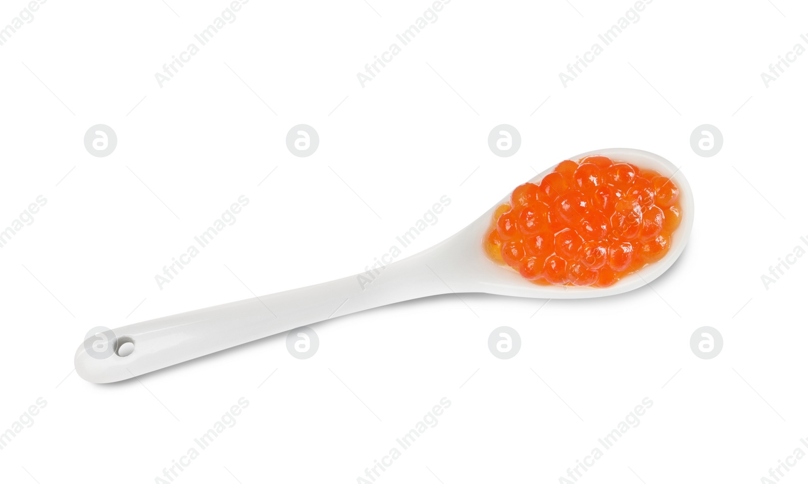 Photo of Spoon with delicious red caviar isolated on white