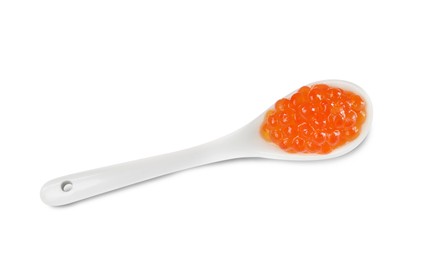 Photo of Spoon with delicious red caviar isolated on white