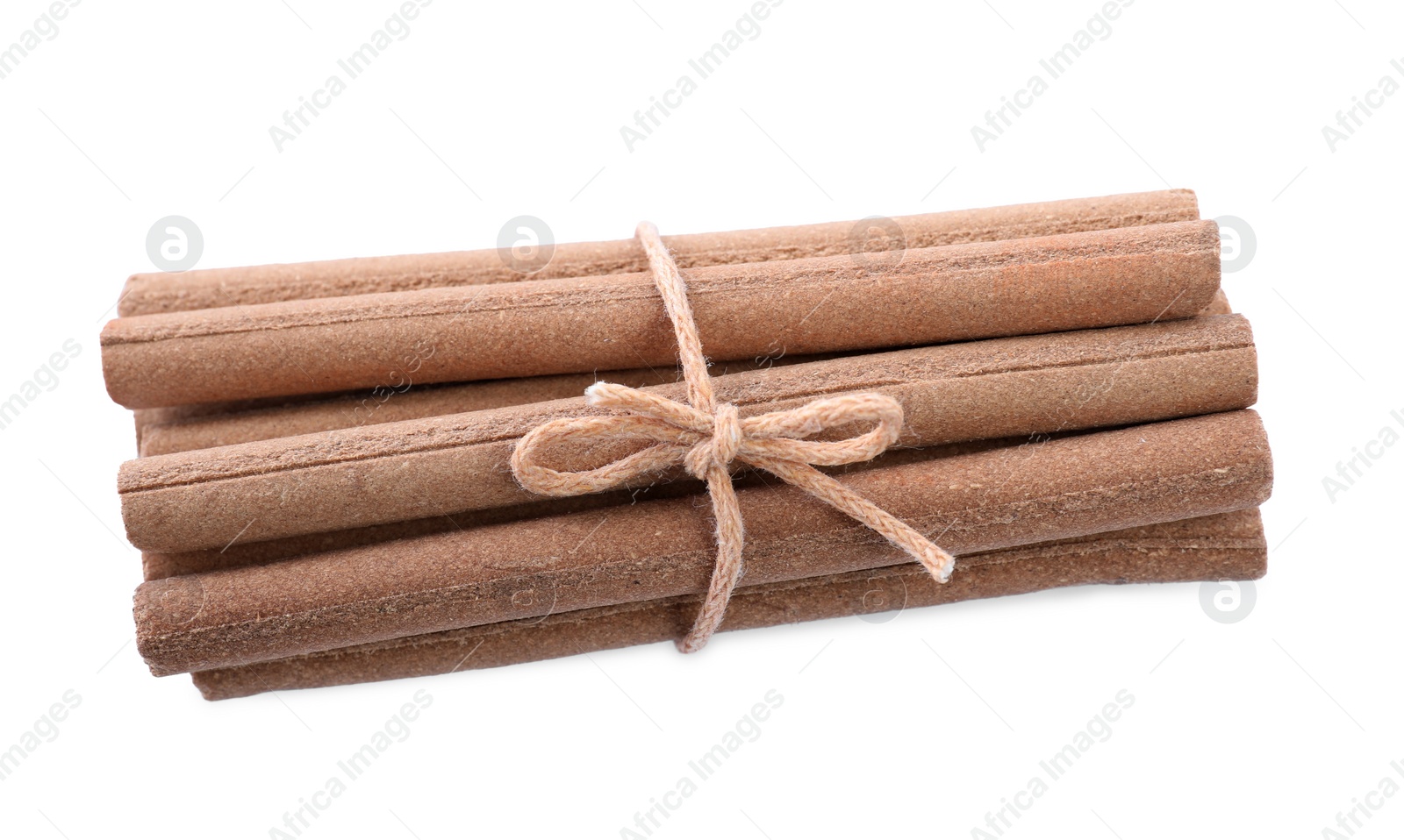 Photo of Many aromatic incense sticks tied with twine on white background