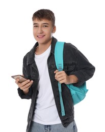 Teenage boy with backpack using smartphone on white background