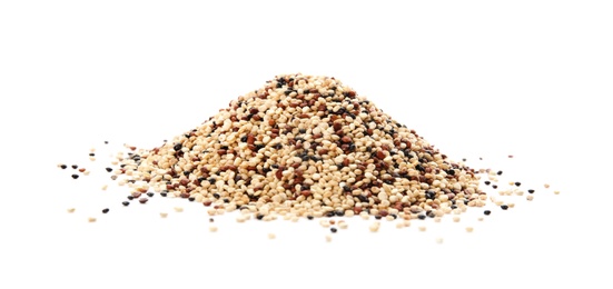 Pile of mixed quinoa seeds on white background